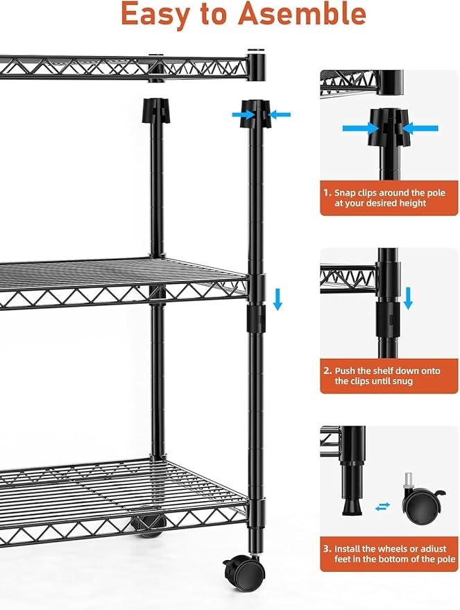 Simple Deluxe 3-Tier Heavy Duty Adjustable Storage Shelf with Wheels, 23.23”W x 13.39”D x 30.31”H, Mobile or Stationary Metal Shelving Unit, Easy Assembly for Kitchen, Pantry, Laundry Room, Black