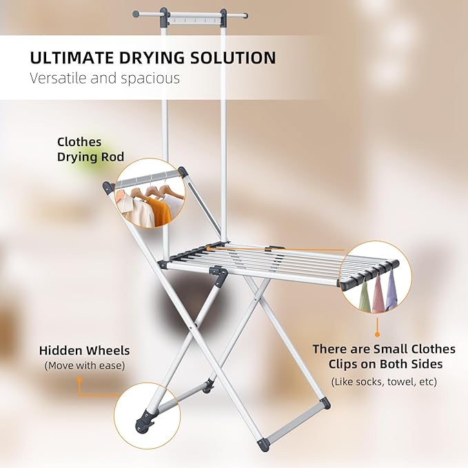 Unkqan Clothes Drying Rack, Foldable Laundry Rack for Indoor Outdoor, 10pcs Sock Clips, Collapsible Space-Saving Drying Rack for Clothes Towels Dolls, White (Gray-Hanger)