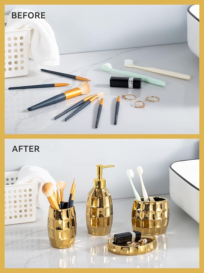 Bathroom Accessories Set, Golden Mosaic Ceramic Bathroom Accessory Sets Include Lotion Dispenser, Toothbrush Holder Tumbler, and Soap Dish
