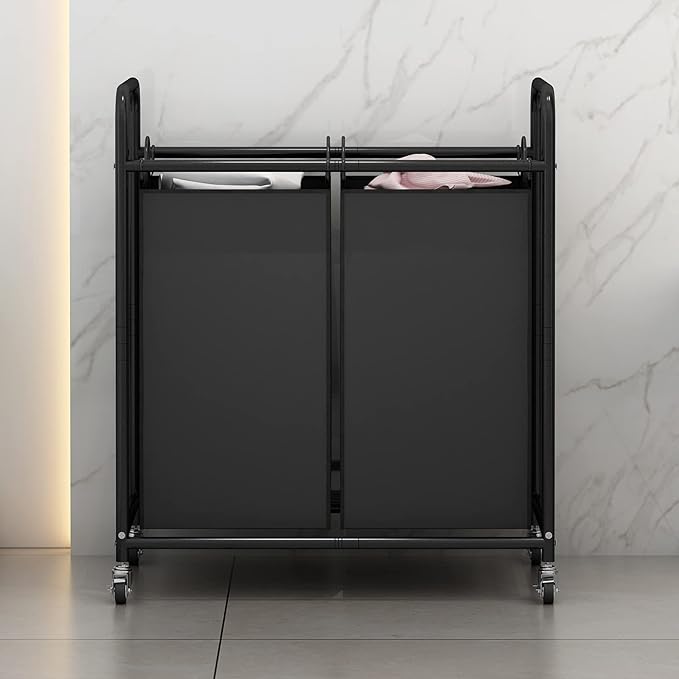 SUOERNUO Laundry Hamper Basket 2 Bag Laundry Sorter Cart with Rolling Lockable Wheels and Removable Bags Laundry Organizer Cart for Clothes Storage, Black