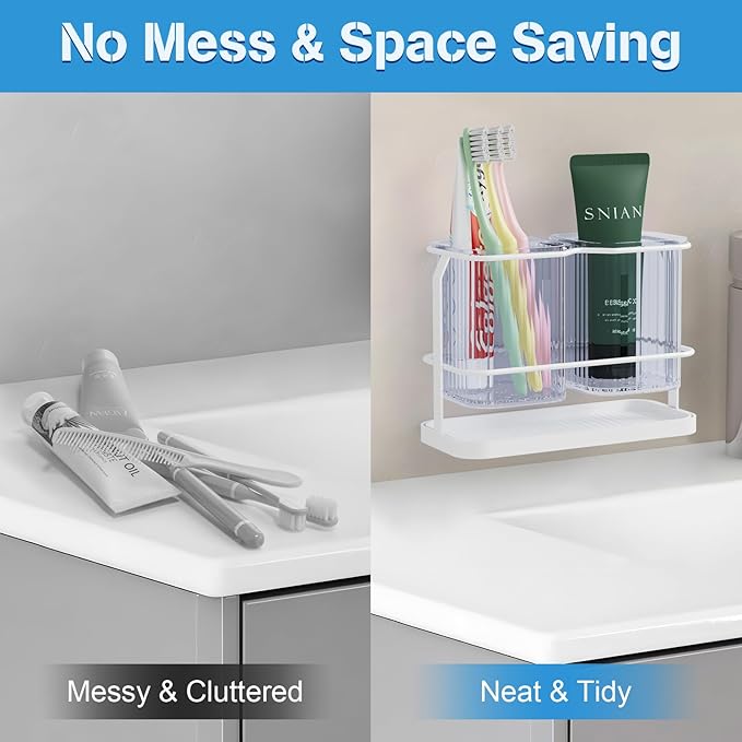 Countertop Toothbrush Holders, Wall Mounted Electric Tooth Brush and Toothpaste Holder for Bathroom with Hook, 2 Cups Toothbrush Organizer with Drain Tray Bathroom Accessories Storage (White)