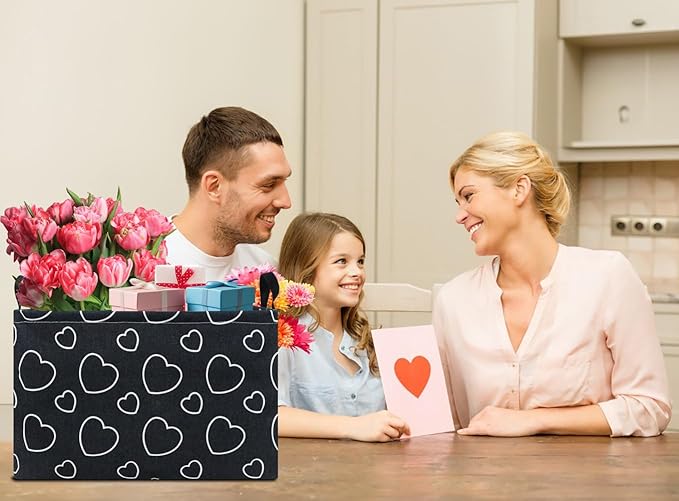 Rectangular Black Storage Basket Empty,Collapsible Gift Basket with Handles,Heart Print Basket for Kids Toys/Books Box,Room Decor(Black Love)