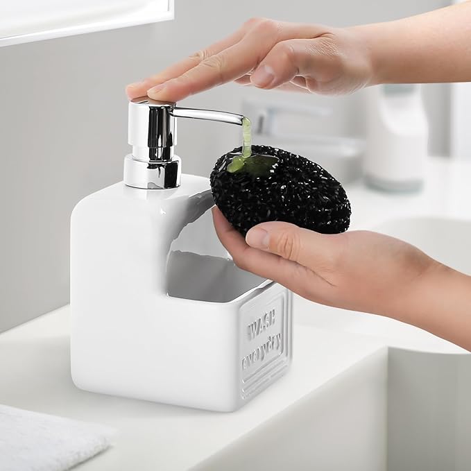 Soap Dispenser with Sponge Holder Ceramic Hand and Dish Soap Dispenser 15oz for Kitchen Bathroom