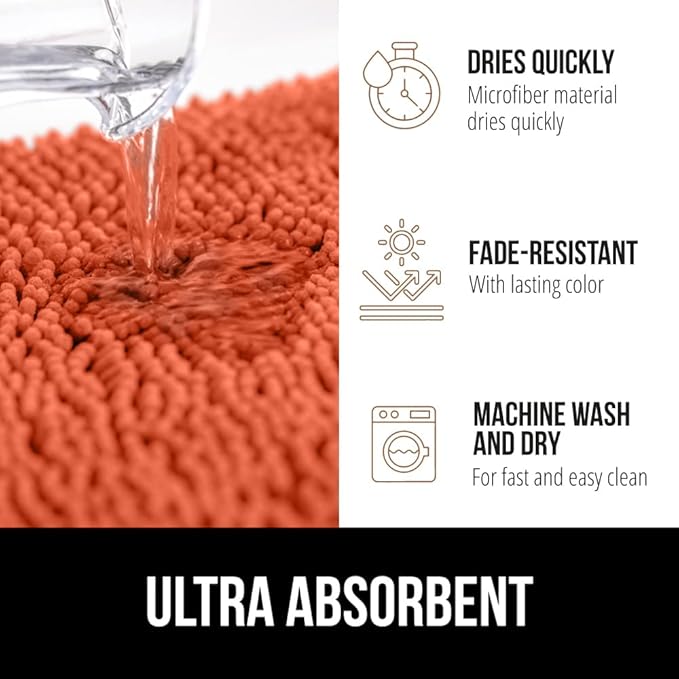 GORILLA GRIP Plush Absorbent Shaggy Chenille Bath Rug Mat for Square Toilet Base with Rubber Backing, Machine Washable Rugs, Soft Microfiber Contour Mats for Toilets, Bathroom Decor, Coral