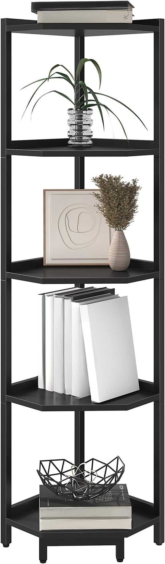 Corner Shelf Stand, Corner Bookshelf, Storage Standing Shelf Unit with Metal Frame, Plant Stand, Bookcase for Living Room, Home Office, Bedroom, 5-Tier Black CS05906B