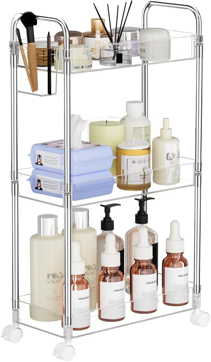 SPACEKEEPER 3 Tier Acrylic Storage Rolling Cart Clear Bathroom Cart Organizer, Transparency Laundry Room Organization Mobile Shelving Unit Multifunction Rolling Utility Cart for Office Living Room
