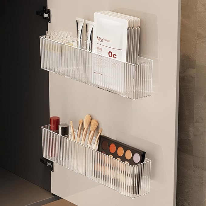 2Pack Floating Bathroom Shelves,Wall Mount Organizer,Long Narrow Clear Cabinet Door Organizer, Acrylic Shelves for Wall,No Drilling, Come With Self Adhesive Tape, for Kitchen, Office Desk
