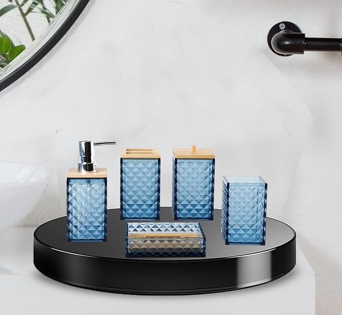 Blue Bathroom Accessory Set, 6 PCS Blue Bathroom Accessories Set, Soap Dispenser, Toothbrush Holder, Soap Dish, Mouthwash Cup, Cotton Swab Holder and Toilet Brush, Acrylic
