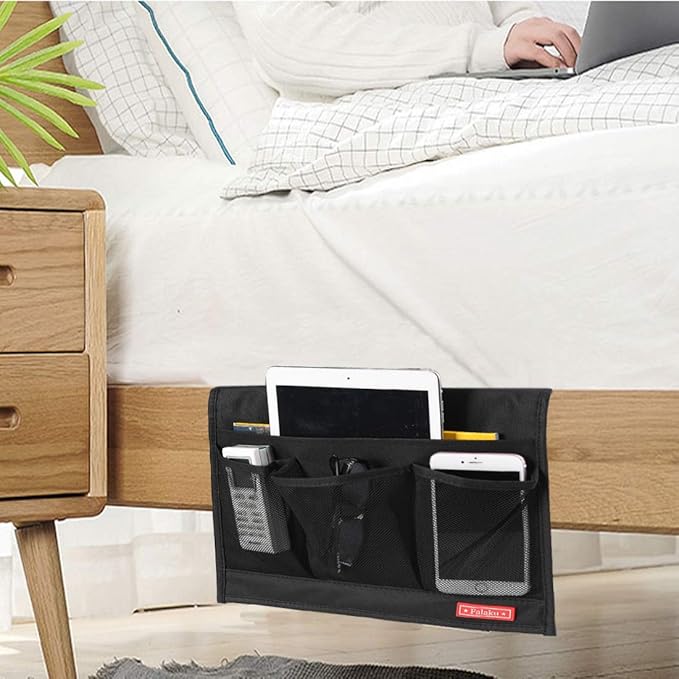 Falaku Bedside Caddy,Bedside Organizer Caddy Under Mattress,Holds Magazines,Books (4 Pockets-Black)