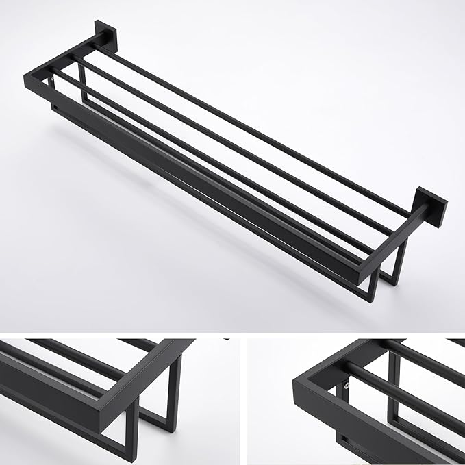 KOKOSIRI Black Towel Rack 32'' Bathroom Towel Shelf with Double Towel Bars SUS304 Matte Black Stainless Steel Wall Mounted, B6003BK-L32