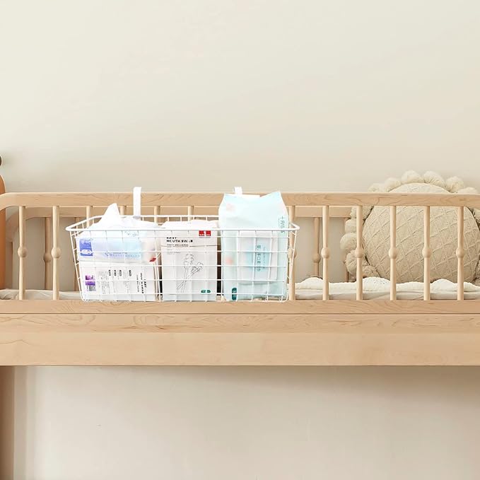 2 Pack Bedside Hanging Wire Basket for Storage Bedside Caddy Hanging Organizer Bunk Bed Shelf Holder Pocket for College Dorm Room Baby Bed Rails (White/Large)