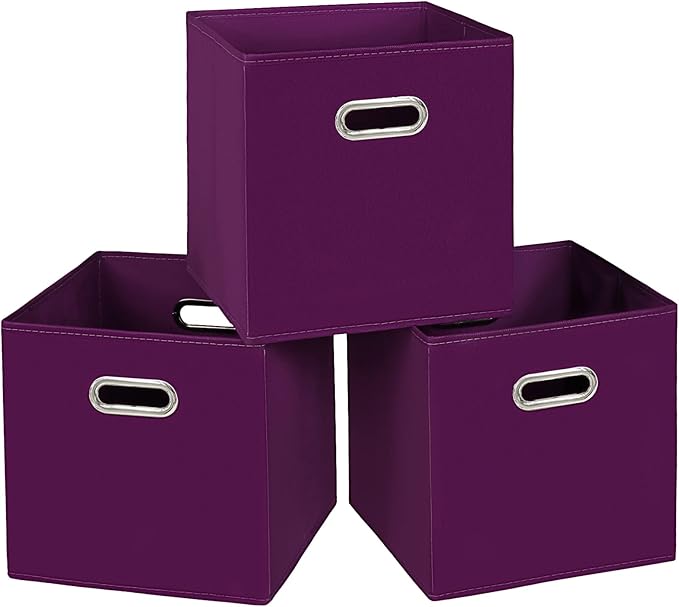 STOREONE Fabric Storage Bins Cubes Baskets Containers-(11X11X11) with Dual Handles for Shelf Closet, Nursery Home ， Bedroom Organizers, Foldable Set of 3 (Purple)