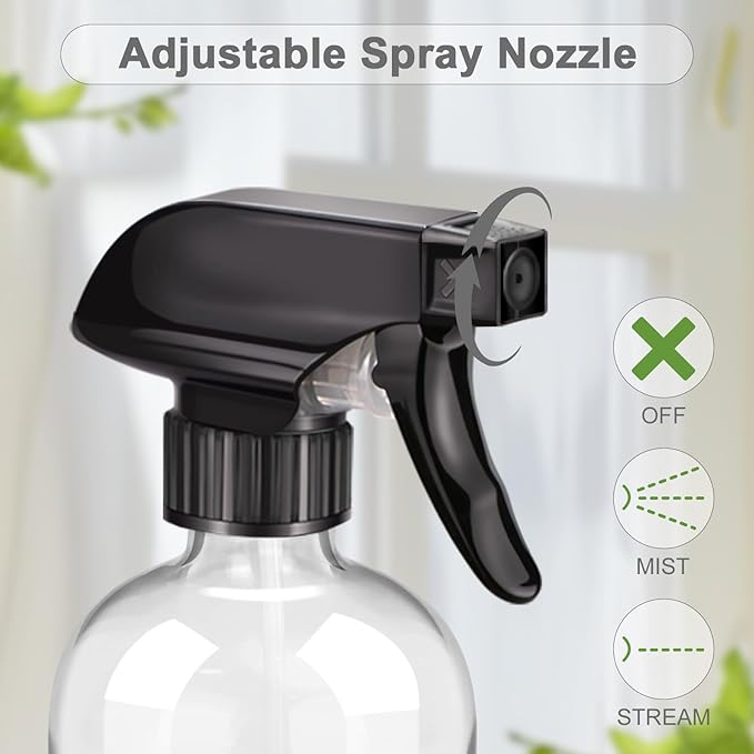2 Pack Glass Spray Bottles with Silicone Sleeve, 16 oz Empty Refillable Containers with Adjustable Spray Nozzles, Spray Bottles for Hair, Cleaning Solutions and Plants Black