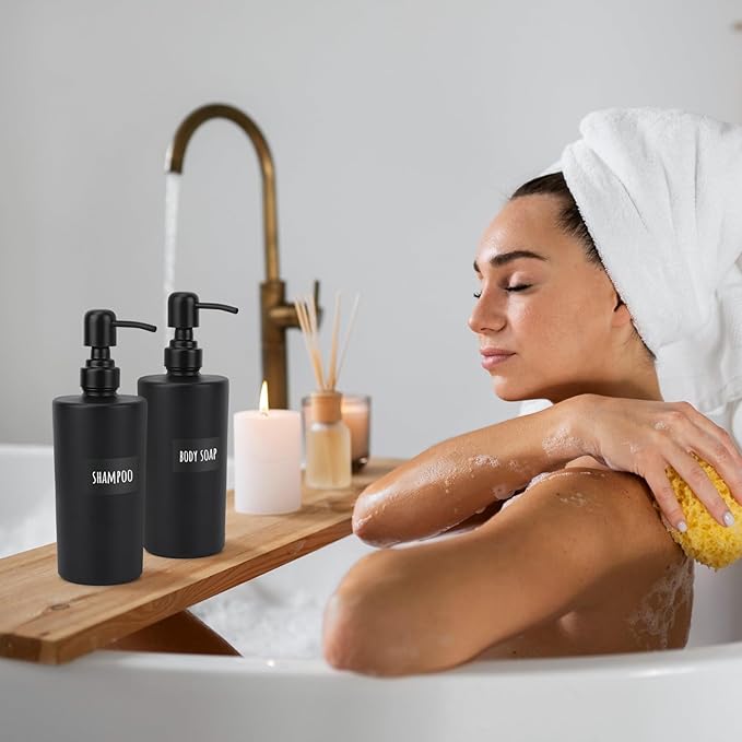 Segbeauty Glass Soap Dispenser Set, 2pcs 15.2oz Refillable Bathroom & Kitchen Dispensers, 450ml Black with Pump & Labels