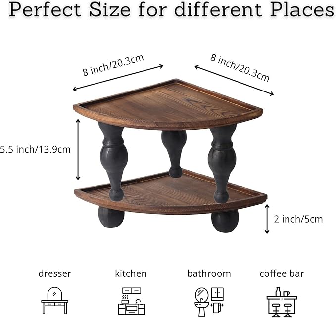 GoFika Small Corner Shelf Stand, 2 Tier Wooden Shelving Unit Black Riser, Vintage Corner Countertop Pedestal Stand Stackable Rack