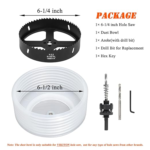 6-1/4 Hole Saw for Recessed Lights, 6.25 Inch Hole Cutter with Dust Bowl Catcher for Led Recessed Lighting 6 Inch and Wood Metal Drywall, Bi-Metal Construction, Black