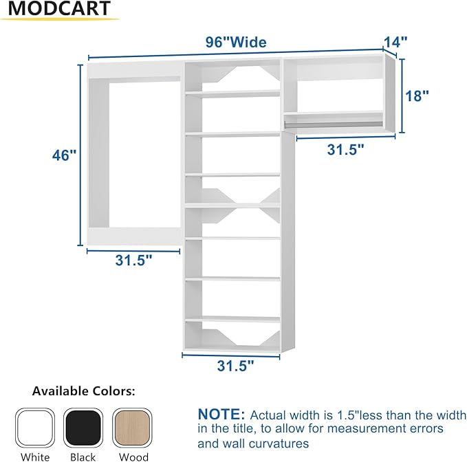 Modular Closet System - 96" Wide Organizer with Towers, Hanging & Wall Mounted Wardrobe in White