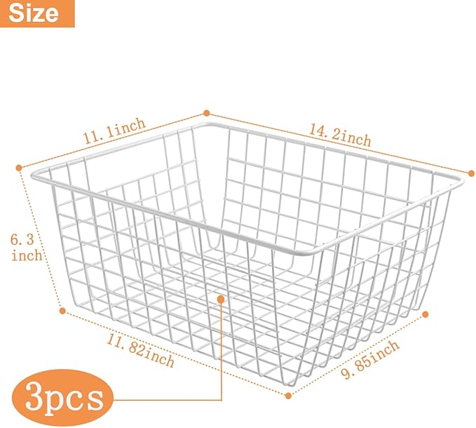 3 Pack Freezer White Wire Baskets for Organizing Office Wire Storage Basket with Built-in Handles, 14" Large White Metal Baskets for Pantry Freezer Kitchen Cabinets