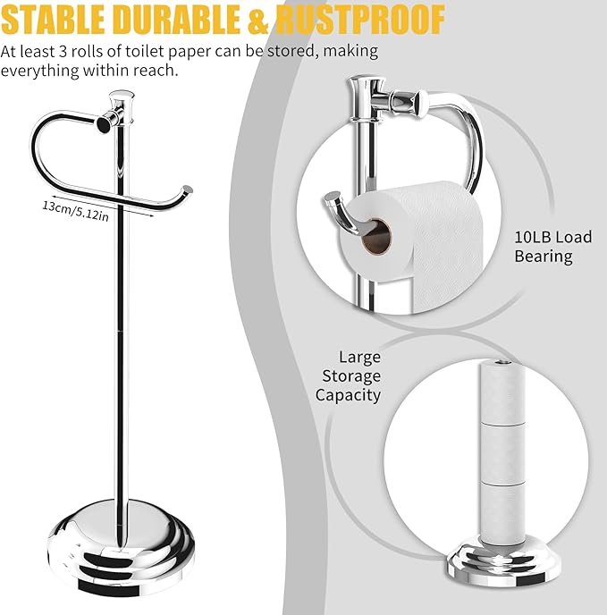 BESy Toilet Paper Holder Free Standing Bathroom Toilet Tissue Holder Stand for Floor Toilet Paper Roll Holder with Storage Hardware Accessories Rack Hand Towel Bar Polished Chrome Stainless Steel