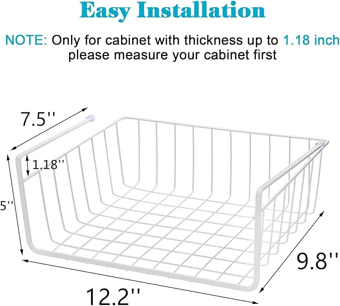 Tebery 4 Pack White Under Shelf Wire Basket Hanging Storage Baskets, Small Add-on Storage Racks Slide-in Cabinet Baskets Organizer for Kitchen Pantry Desk Bookshelf