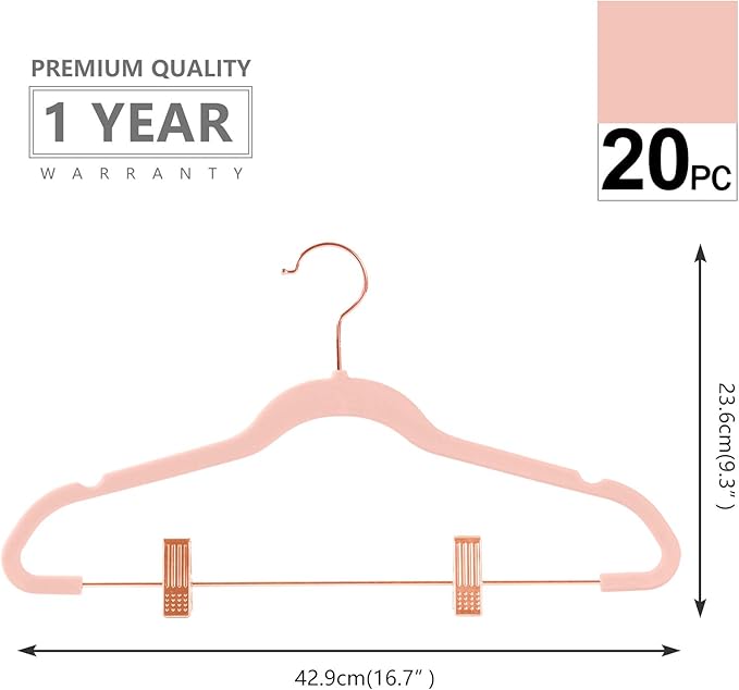 MIZGI Premium Velvet Pants Hangers with Clips (Pack of 20) Slim Skirt Hangers- Non Slip Felt Outfit Dress Hangers Blush Pink - Copper/Rose Gold Hooks,Space Saving Shirt Clothes Hangers