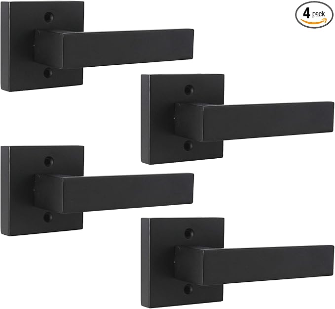 Probrico Matte Black Square French Doors Half-Dummy Handles, Heavy Duty Closet Balcony Pantry Hardware, Non-Turning Stainless Steel Single Dummy Levers(Exposed Screws, 4 Pack)