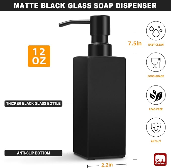 GMISUN Black Soap Dispenser Bathroom, Glass Hand Soap Dispenser with Stainless Steel Pump, 12 fl oz/350ml Refillable Dish Dispensers for Kitchen, Modern Liquid Lotion Bottles for Bathroom Countertop