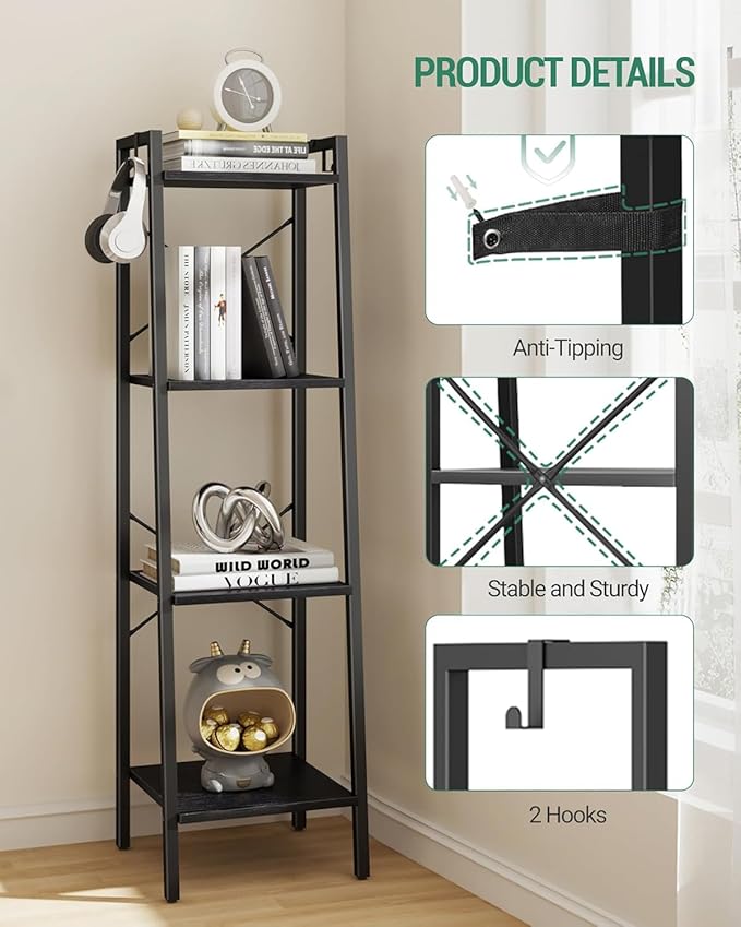 Ladder Shelf, Bookshelf Bookcase, Freestanding Corner Storage Shelve with 2 Hooks for Home Office, Living Room, Kitchen, Bedroom, Industrial, 11.8" D x 13.4" W x 47.2" H, Black BC13204B