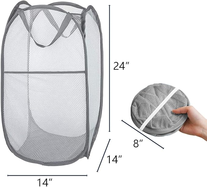 Mesh Pop Up Laundry Hamper, Collapsible Laundry Baskets, Foldable Clothes Hampers for Bathroom, College Dorm, Travel, Gray