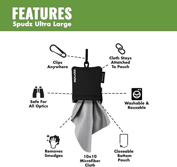 SPUDZ Ultra Microfiber Lens Cleaner – Closable Pouch, Clip-On, Washable – for Optics, Scopes, Glasses | Vanish Tan, 10 x 10 Inch
