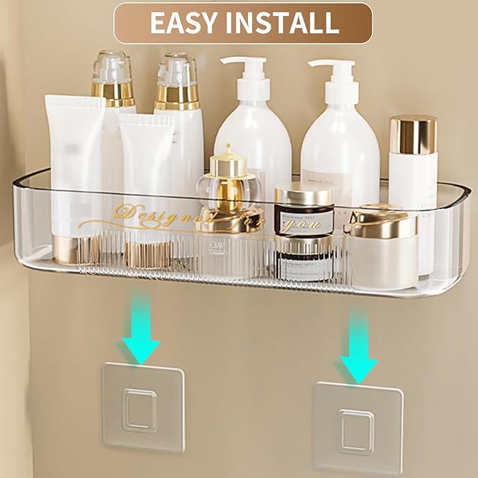 Acrylic Bathroom Shelves 2Pack, 14" Clear Adhesive Shower Shelves for Bathroom Wall Decor and Storage, No Drilling Plastic Wall Shelf Organizer for Home, Kitchen, and Dorm, Large Capacity