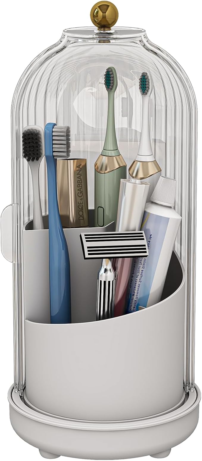 Zufudo Toothbrush Holders with Cover, Drainage Rotating Electric Toothbrush Organizer, 3 Slots Tooth Brush Holder for Bathroom Counter, Transparent