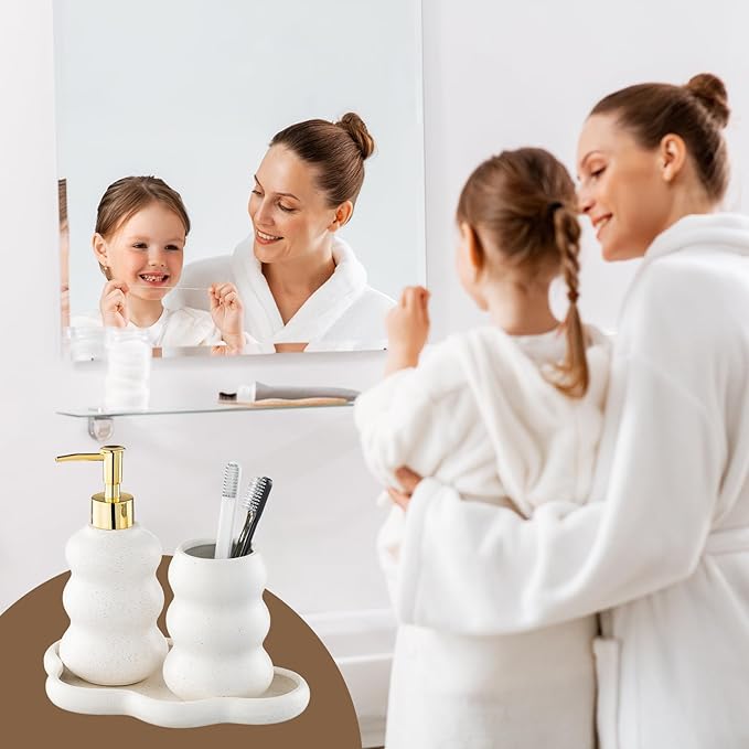 3-Piece Ceramic Bathroom Accessories Set with Sand Point Glaze Design - Tray, Lotion Dispenser, and Tumbler - Bring Nature to Your Bath
