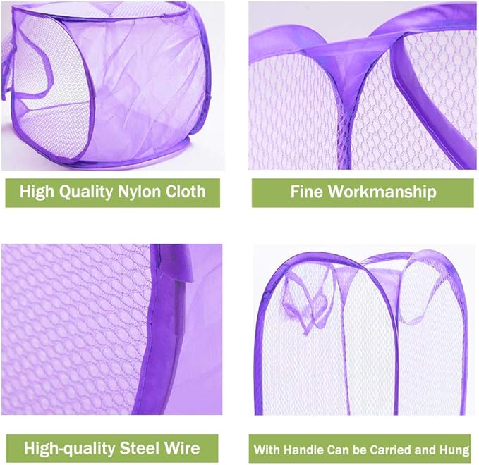 RZJZGZ Foldable Pop-Up Mesh Laundry Hamper with Side Pocket Clothes Laundry Basket Storage Bag with Carry Handles for Dirty Clothes (2 Pack)