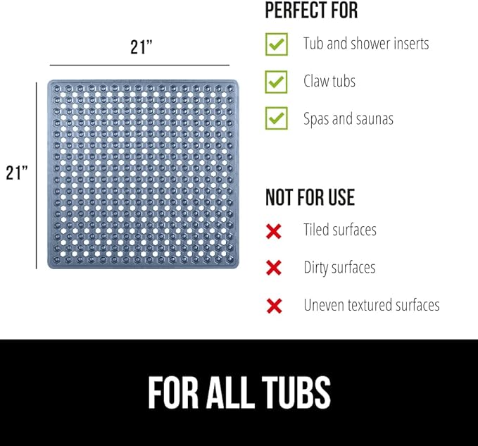 GORILLA GRIP Patented Square Shower Stall Mat, Small Bathtub Floor Mats for Stand Up Showers, Suction Cups and Drainage Holes, Machine Wash, Soft on Feet, Bathroom Accessories 21x21 Inch, Navy Blue