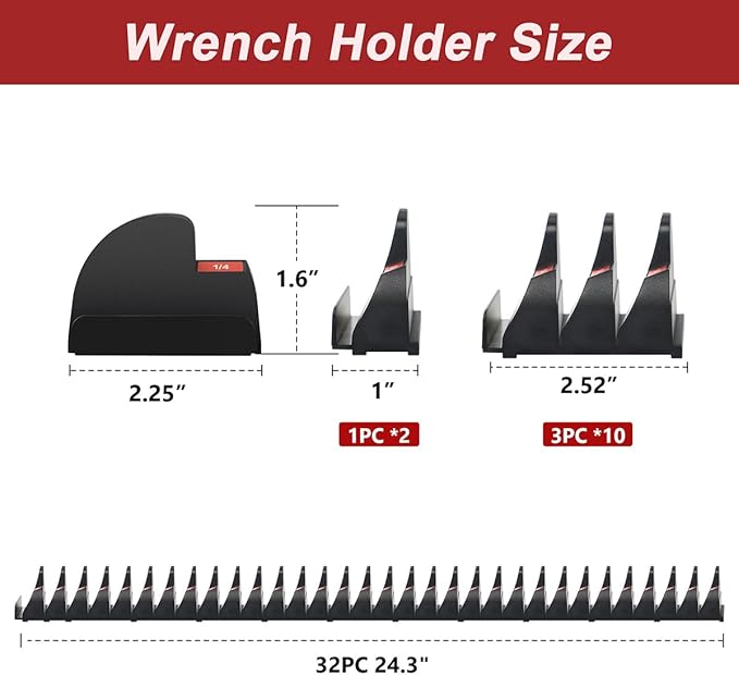 32PCS Magnetic Wrench Organizer - Modular Wrench Holder Set for Tool Drawer Storage, With Metric & SAE Labels, Tool Holder for DIY Mechanics, Fit for Screwdriver, Ratchet, Widget - Black