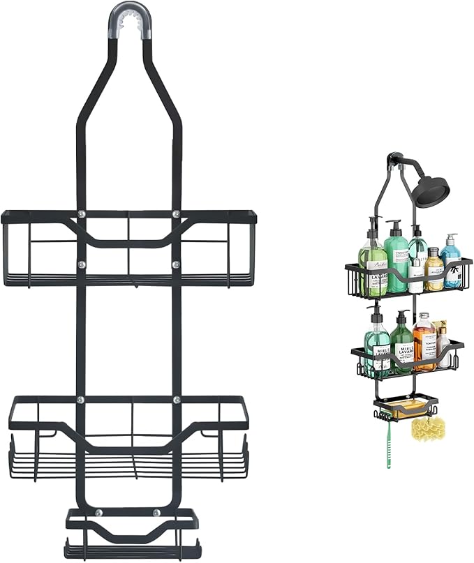 Shower Caddy Hanging, Rustproof Shower Organizer with Soap Basket and 12 Hooks, Large Capacity Anti-Swing Bathroom Organizer, Black
