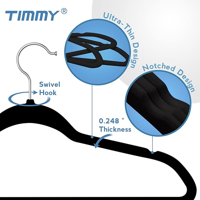 TIMMY Premium Velvet Hangers - Space-Saving Non-Slip Heavy-Duty Black Hangers for Coats, Suits and Sweaters-Closet Organizer-Pack of 50