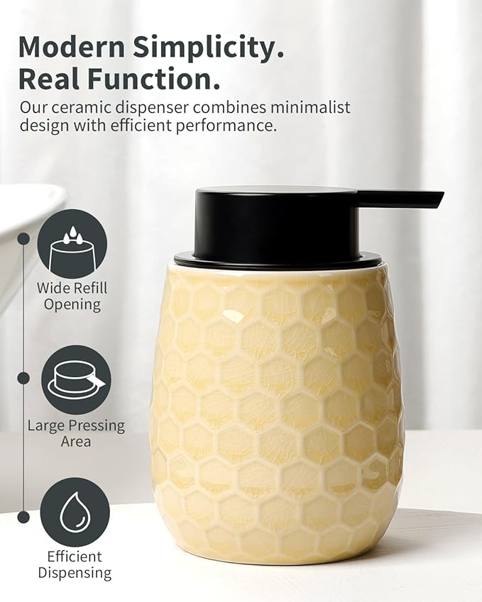 Foaming Soap Dispenser, 12OZ Ceramic Foam Hand Soap Dispenser with Honeycomb Design for Kitchen or Bathroom, Ice Crack Yellow Refillable Dish Lotion Dispenser, ANTIS'S HOME