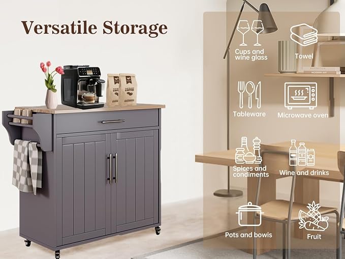 Kitchen Storage Island, Wooden Rolling Kitchen Island On Wheels with Countertop, Mobile Kitchen Island Cart with Towel Rack, Spice Rack and Drawers, Grey