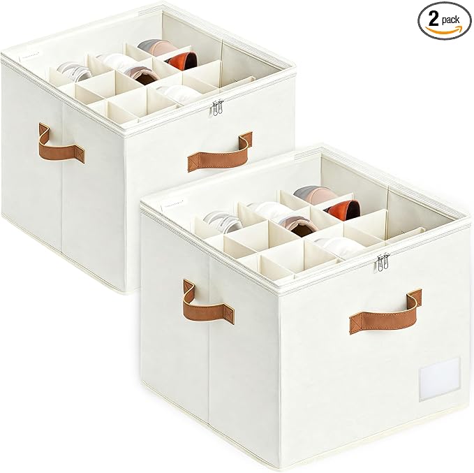 Shoe Organzier for Cloest - 2pack Adjustable Shoe Storage Box Fits 8-16 pairs with Pop-Up dividers,17''*17''*12.5'' Space Saver shoe Box organizer with Clear Dust Cover
