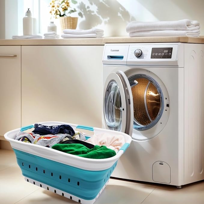 SAMMART 42L (11 gallon) Collapsible Plastic Laundry Basket - Foldable Pop Up Storage Container/Organizer - Portable Basket - Space Saving Hamper/Basket (2, White/Bright Blue)