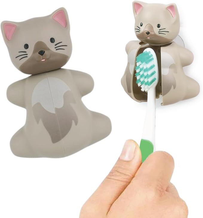 Flipper Fun Animal Cat Toothbrush Cover – Kids Toothbrush Holder with Cover – Toothbrush Holders for Bathrooms - Suction Cup Toothbrush Holder