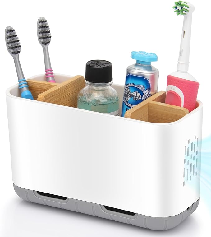 Toothbrush Holders for Bathrooms - Bamboo Divider Toothbrush and Toothpaste Holder with Drainage, Kids Electric Toothbrush Organizer for Bathroom Countertop, White Tooth Brush Holder