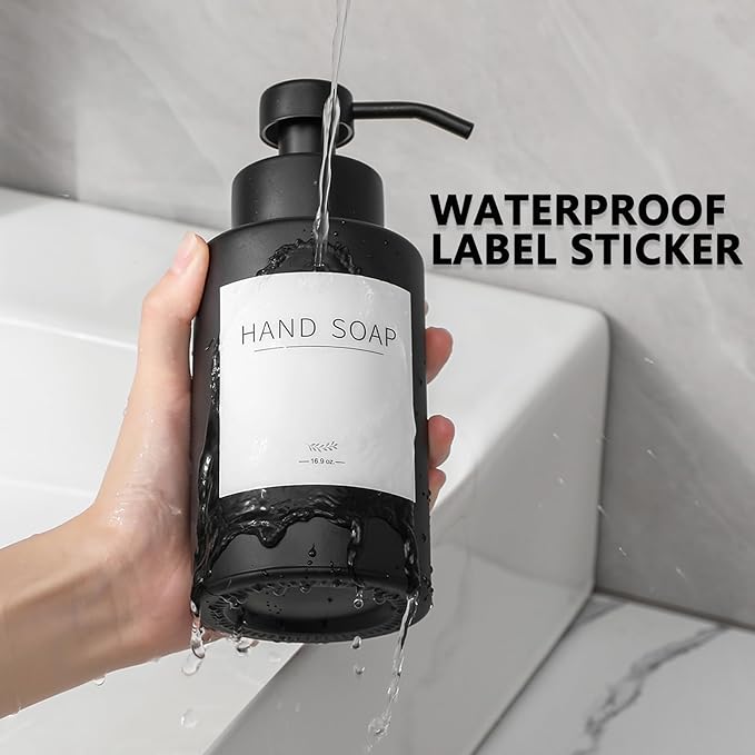 Foaming Soap Dispenser Set, 12 Oz Glass Hand Soap Dispenser with 304 Rust Proof Stainless Steel Pump, Waterproof Labels, for Bathroom Decor Kitchen College Dorm, Black