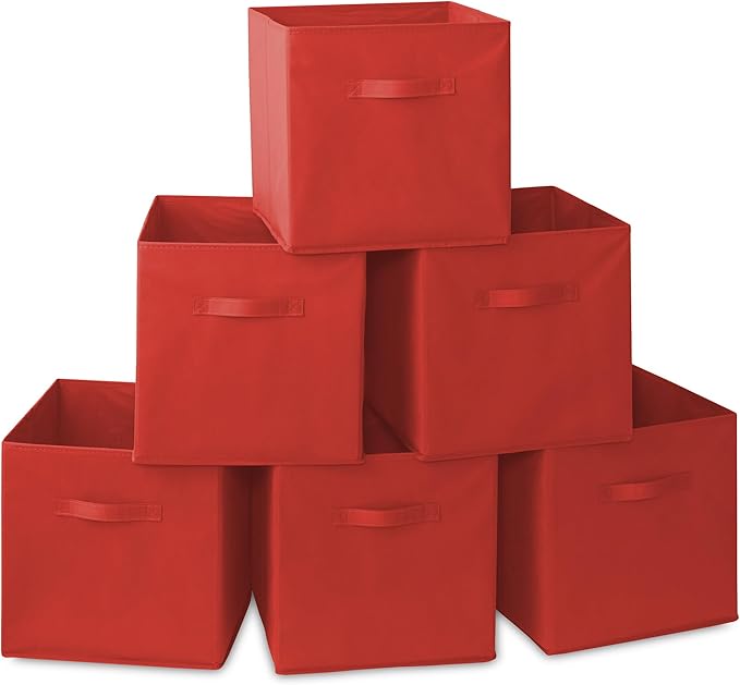 Casafield Set of 6 Collapsible Fabric Cube Storage Bins, Red - 13" Foldable Cloth Baskets for Shelves, Cubby Organizers & More