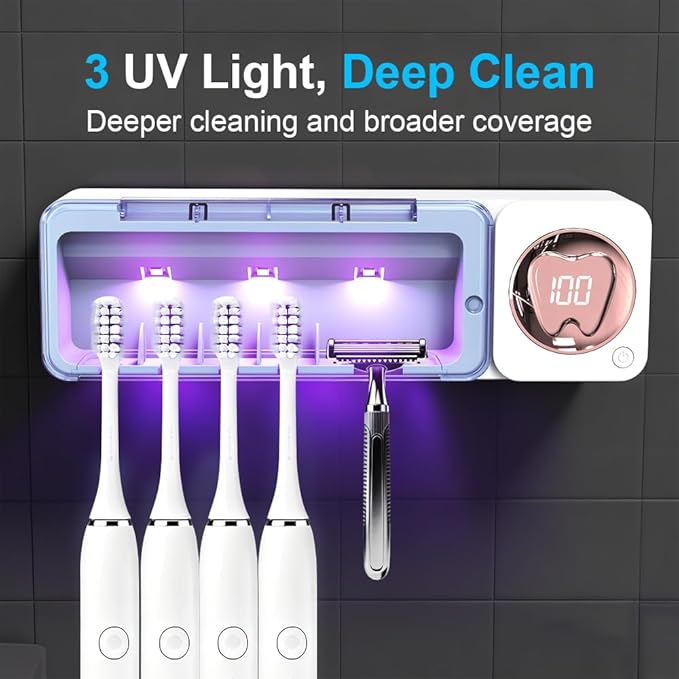 Bathroom Toothbrush Holder, Labelable with User Name, Multi-Slot Toothbrush Cleaner, Rechargeable Toothbrush Holder, Wall Mounted, for Bathroom, No Drilling Required, 5 Slots
