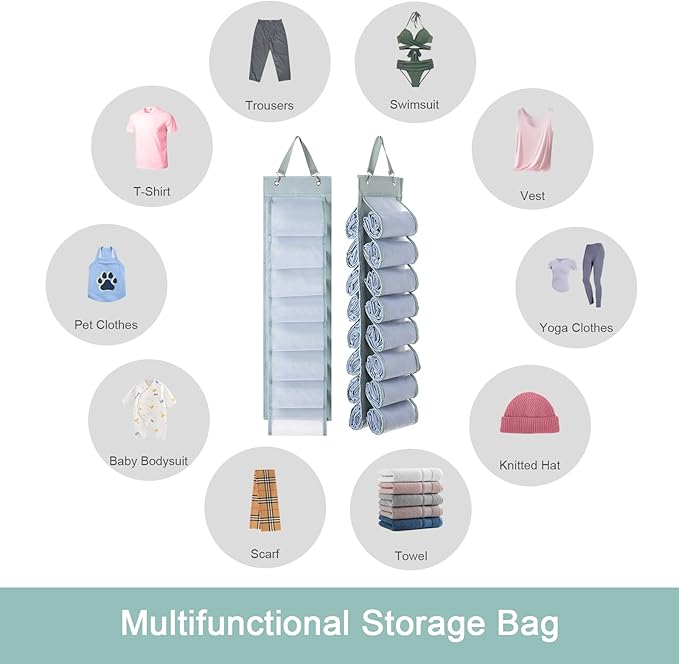 Legging Organizer Storage - 2PCS T Shirt Organizer, Hanging Closet Organizers and Storage with 16 Roll Independent Compartments for Yoga Pants, Towel, Bathing Suit (Grey)