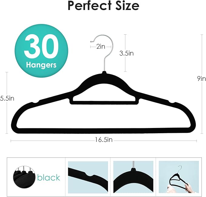 Velvet Hangers Non Slip Felt Hangers, 30 Pack Black Velvet Clothes Hangers Space Saving Slim with 360 Degree Swivel Hook for Suits Coats, Jackets, Pants, and Dress Clothes