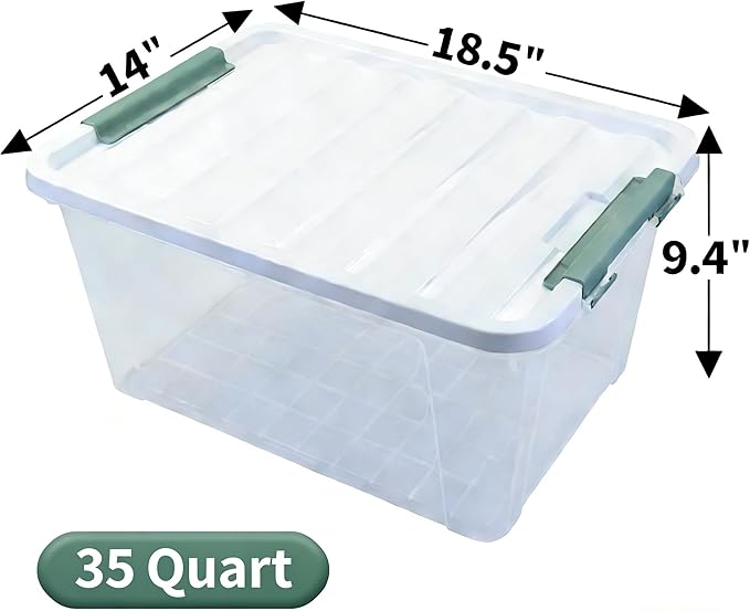 Parlynies 4-Pack Latching Lid Box, Large Clear Plastic Storage Bins, 35 Quart, Green Latch, Stackable Container Boxes for Home, Bathroom, Kitchen and Office Organization